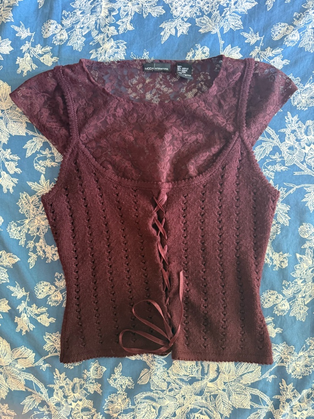 Moda International Burgundy Lace Yoke Corset Knit Top
